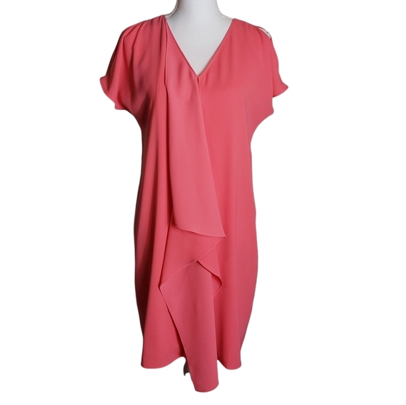 Chicos Coral Pink Chiffon Cold Shoulder Shift Dress Size O US 4P PETITE Ruffled - Picture 1 of 13